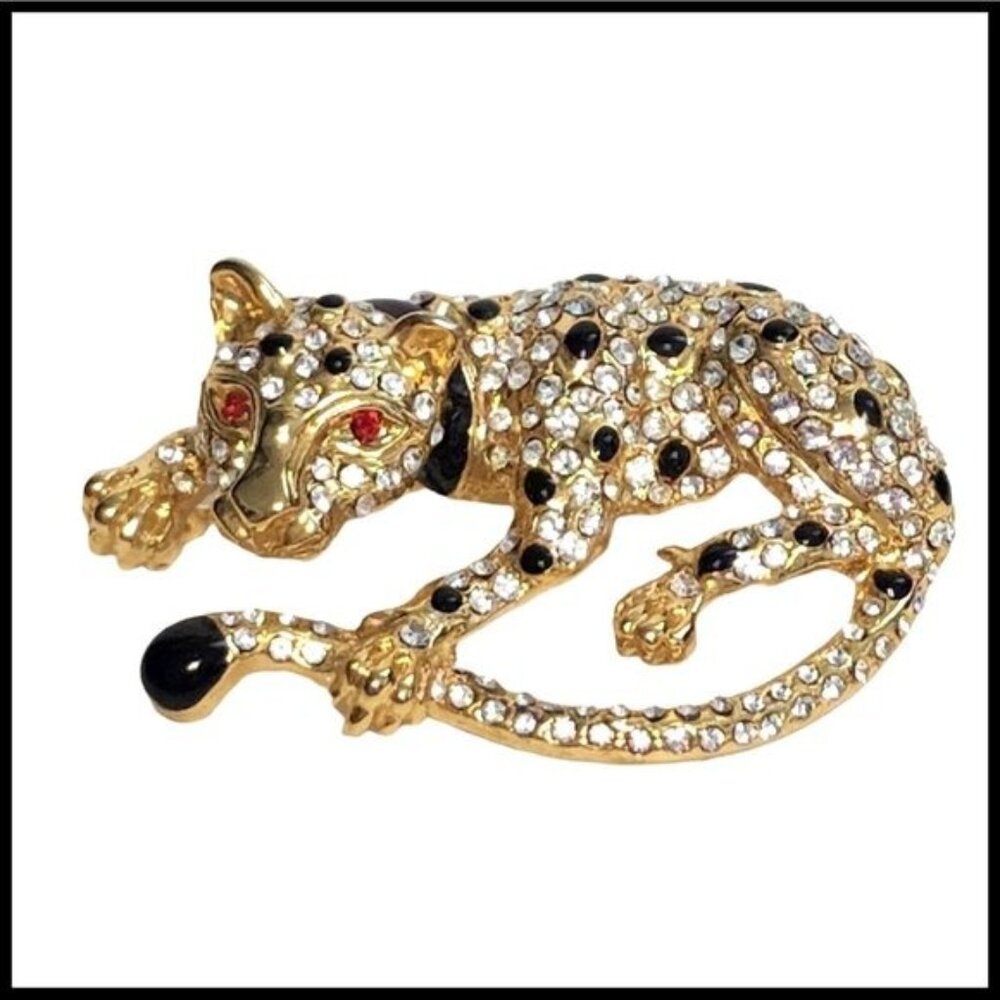 Vintage Gold Tone 80’s Leopard Pin Rhinestone Black White Red Brooch Pin Enamel
